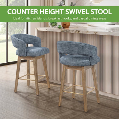 Elsie 26" Swivel Counter stool in Indigo Fabric with Medium Oak Finish, Set of 2