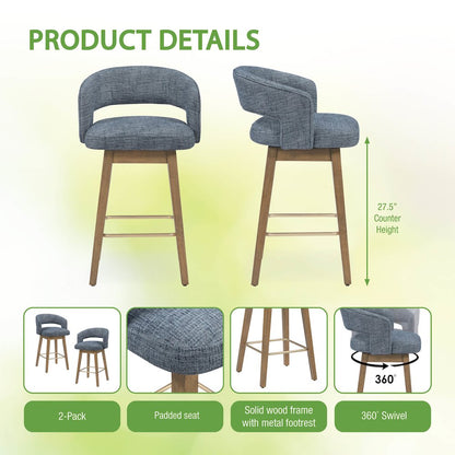 Elsie 26" Swivel Counter stool in Indigo Fabric with Medium Oak Finish, Set of 2