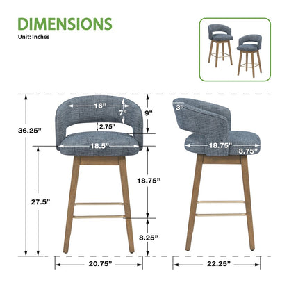 Elsie 26" Swivel Counter stool in Indigo Fabric with Medium Oak Finish, Set of 2
