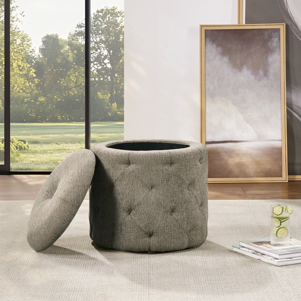 Erindale Round Storage Ottoman in Dolphin Fabric
