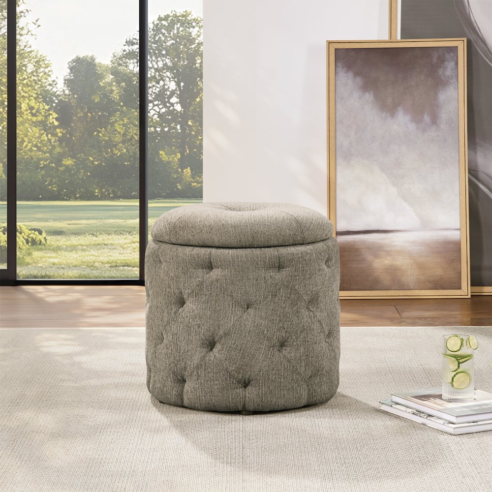 Erindale Round Storage Ottoman in Dolphin Fabric