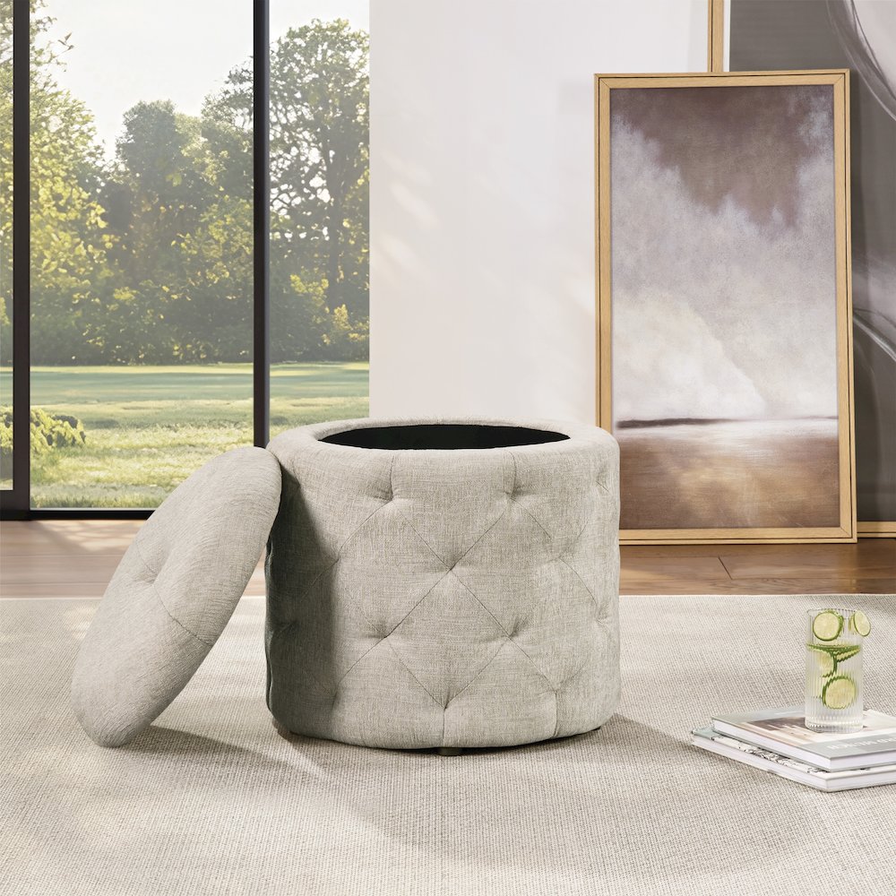Erindale Round Storage Ottoman in Wheat Fabric