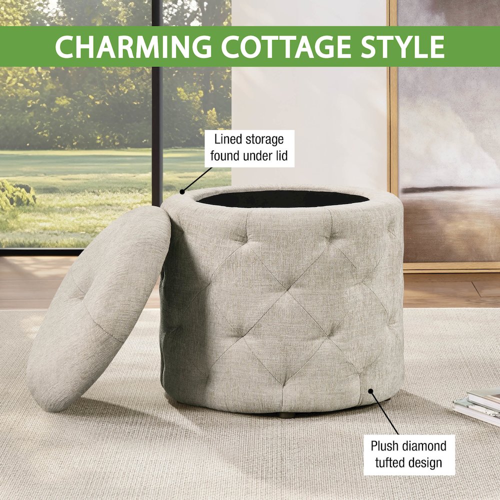 Erindale Round Storage Ottoman in Wheat Fabric