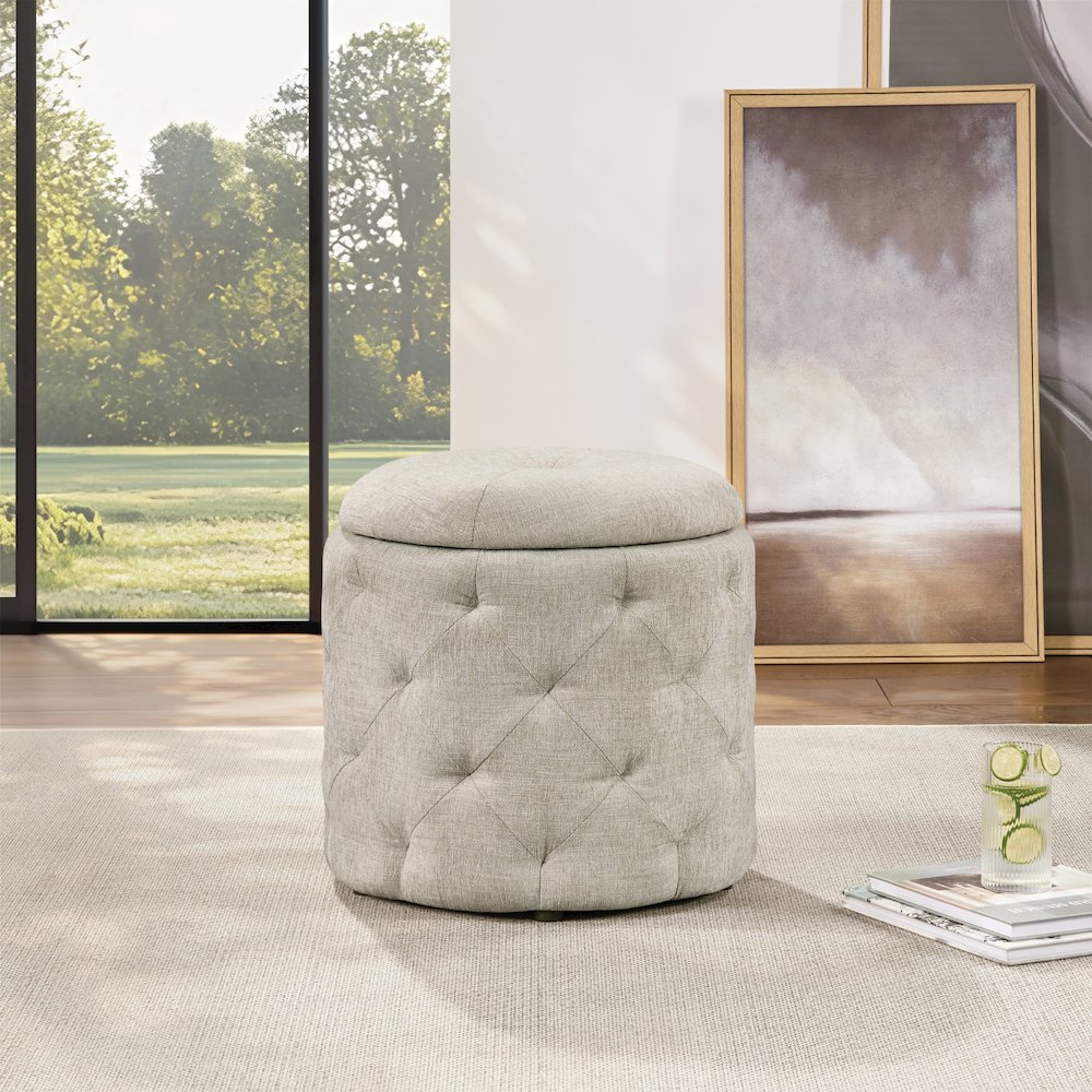 Erindale Round Storage Ottoman in Wheat Fabric