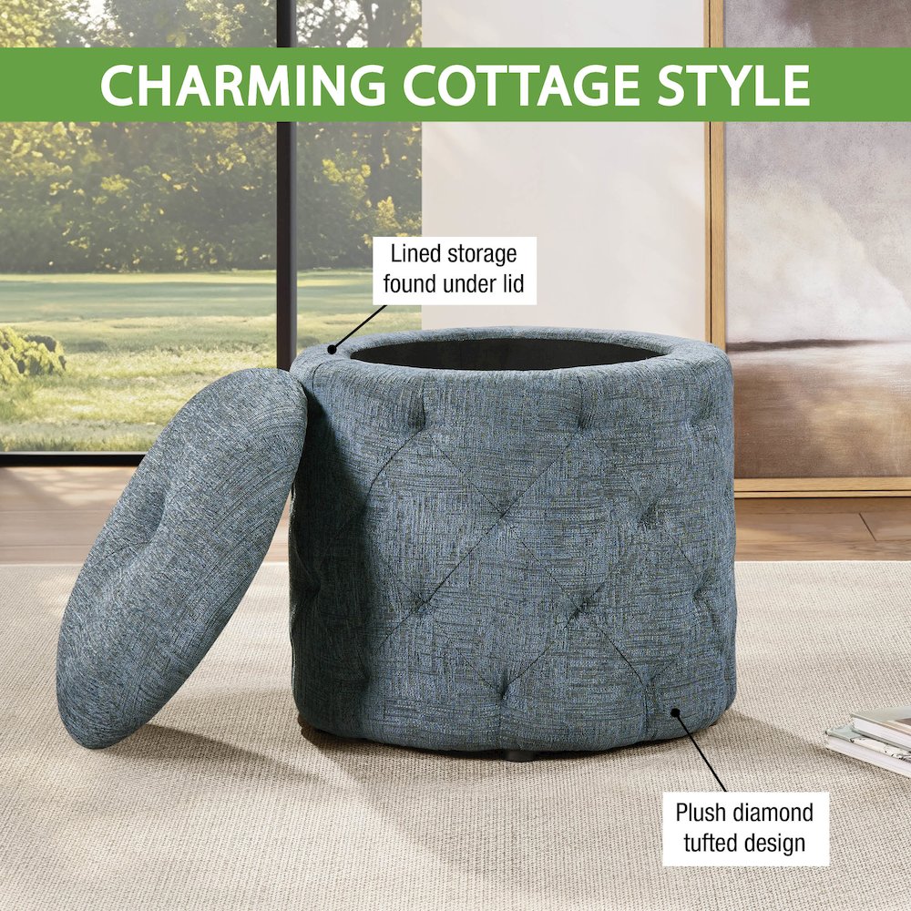 Erindale Round Storage Ottoman in Navy Fabric