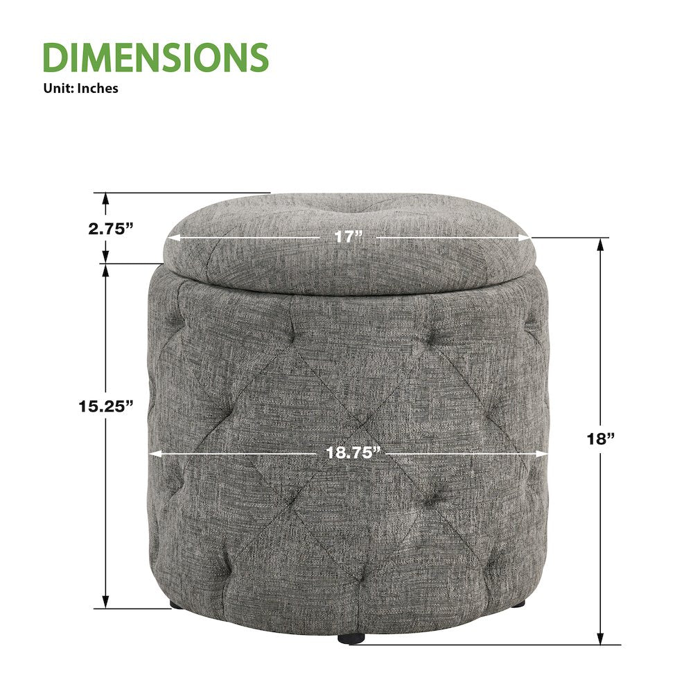 Erindale Round Storage Ottoman in Charcoal Fabric