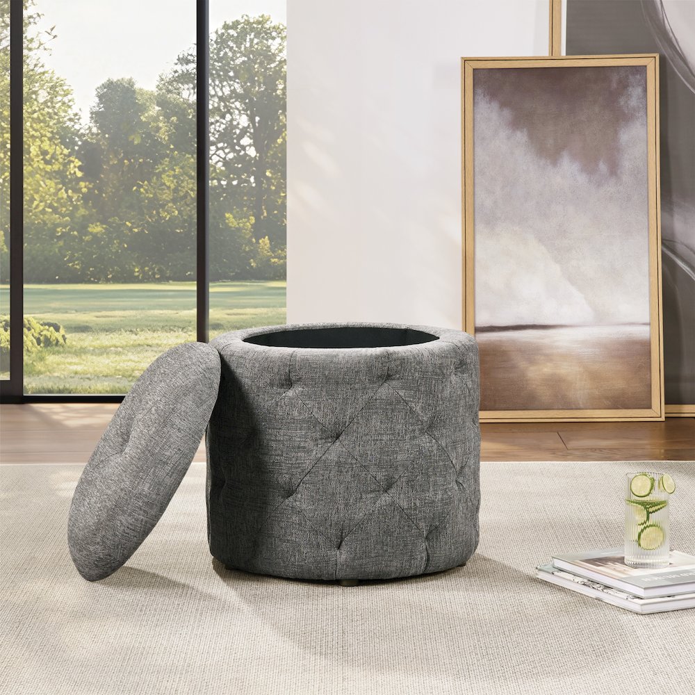 Erindale Round Storage Ottoman in Charcoal Fabric
