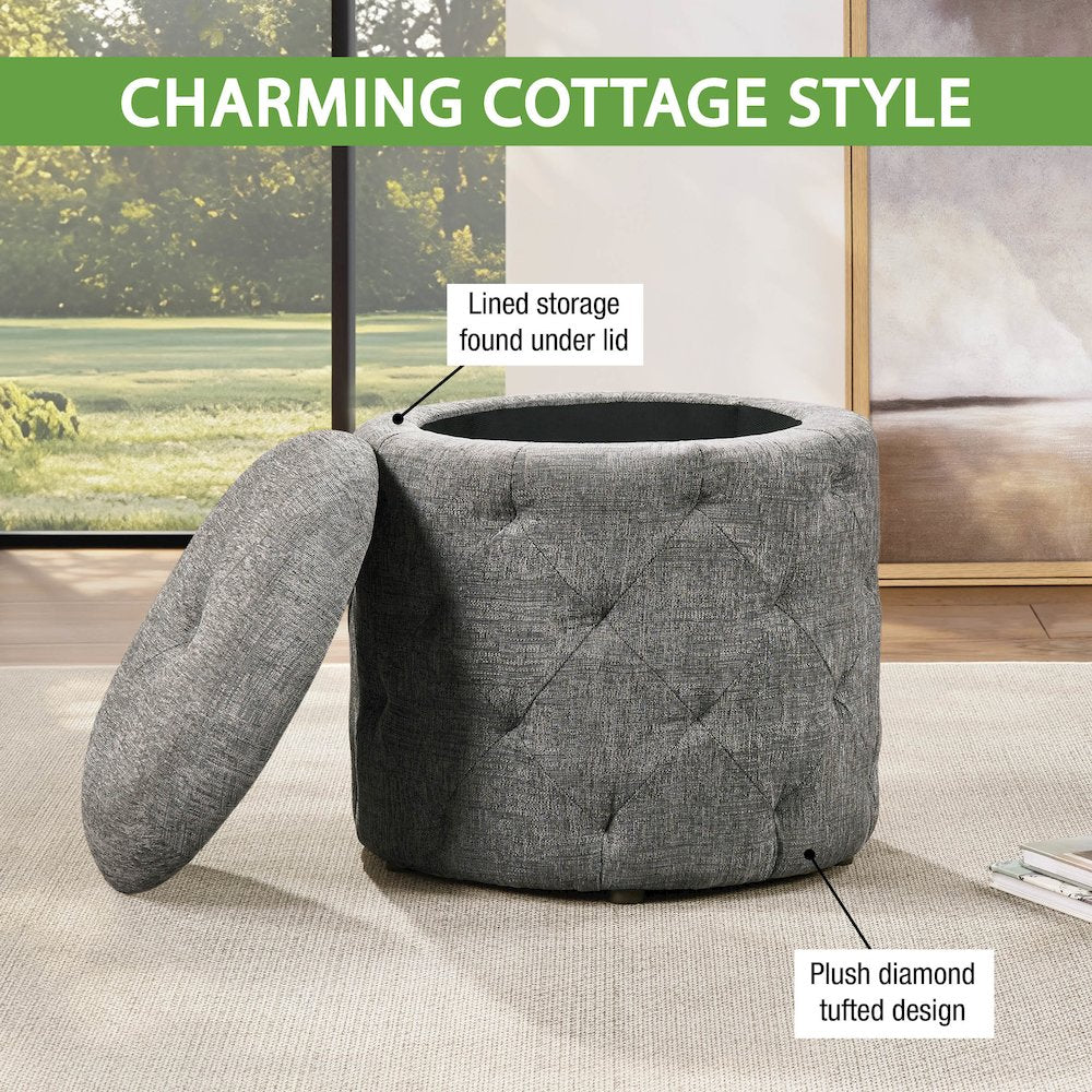Erindale Round Storage Ottoman in Charcoal Fabric