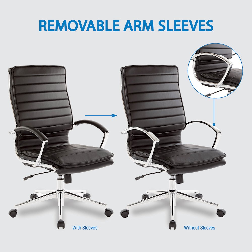 High Back Manager's Faux Leather Chair with Chrome Base, Removable Arm Sleeves