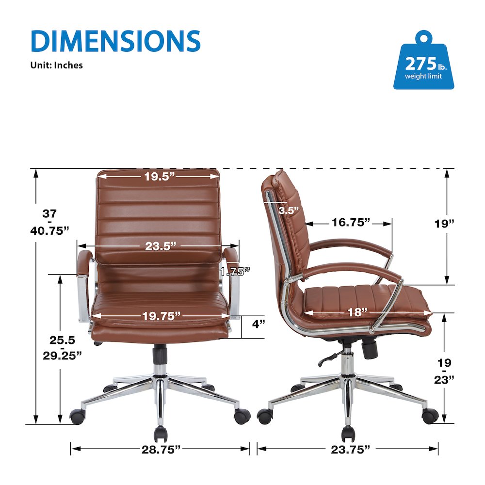 Mid-Back Manager's Chair in Saddle Faux Leather, Chrome Arms & Base