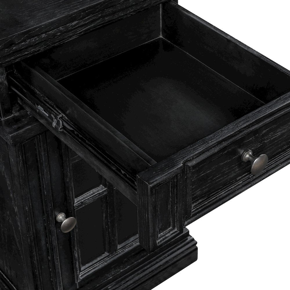 Chair Side Table with 1 Drawer and 1 Glass Door with Power Strip in Black Finish