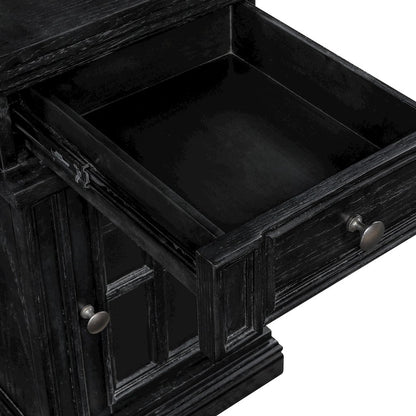 Chair Side Table with 1 Drawer and 1 Glass Door with Power Strip in Black Finish