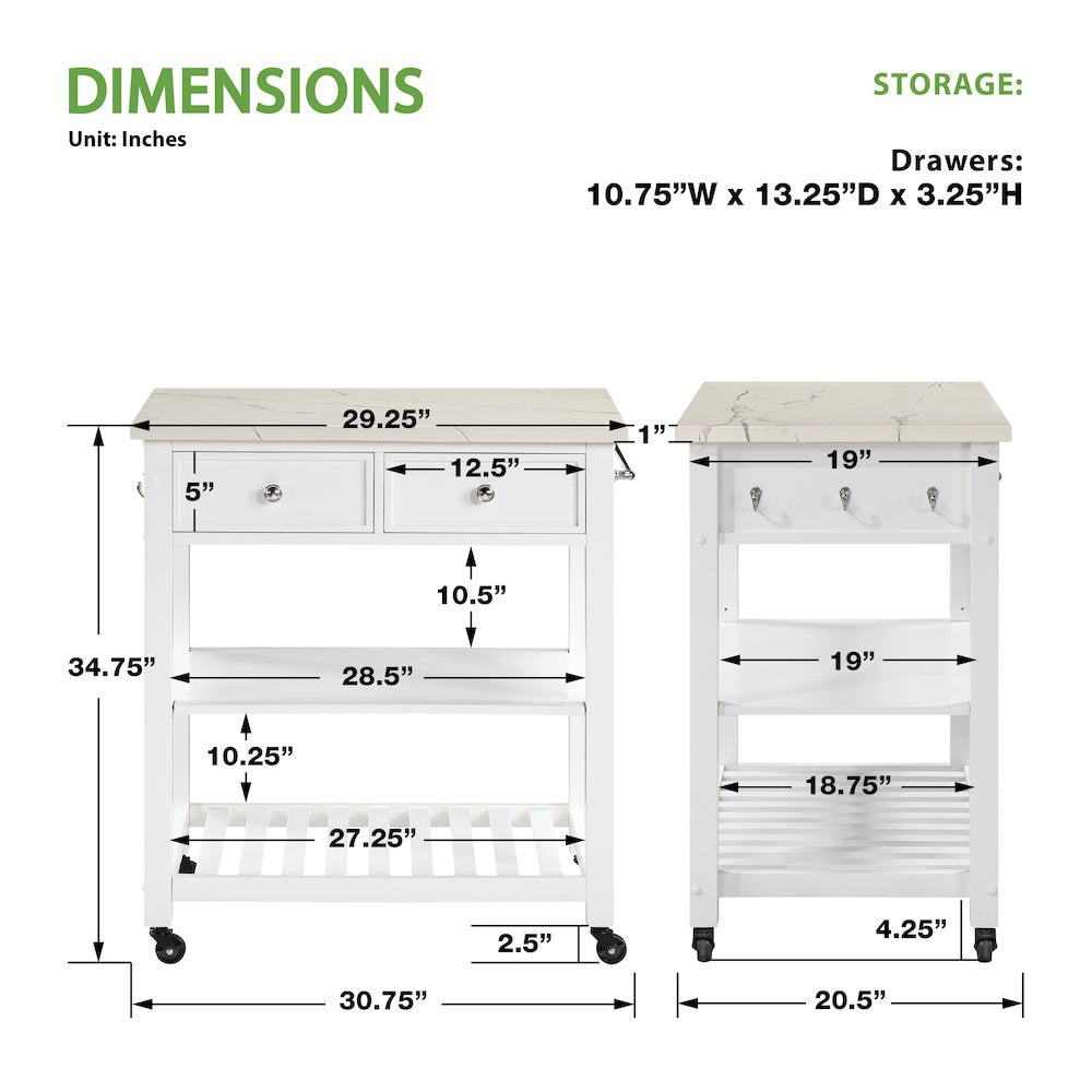 Litchfield Kitchen Cart With Faux Marble Top in White Finish