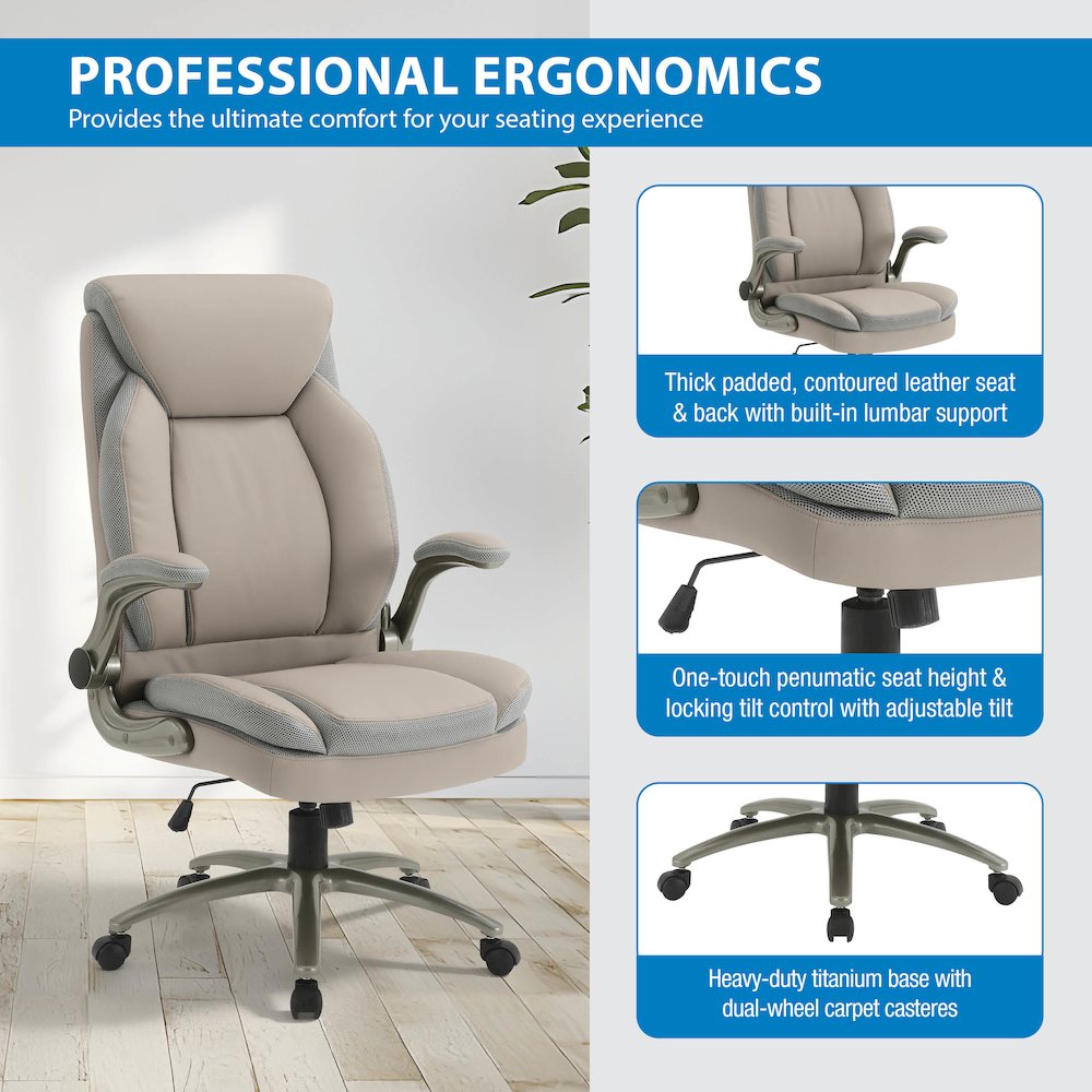 Taupe Leather Big & Tall Chair with Padded Flip Arms and Titanium Base