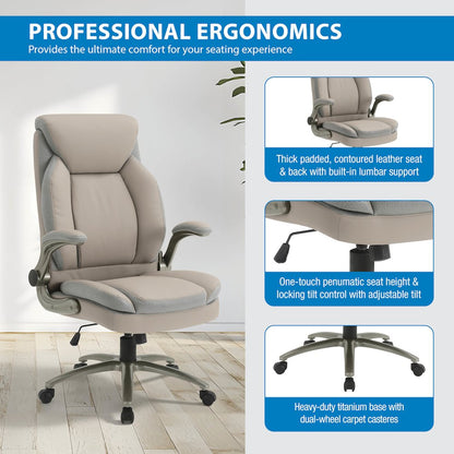 Taupe Leather Big & Tall Chair with Padded Flip Arms and Titanium Base