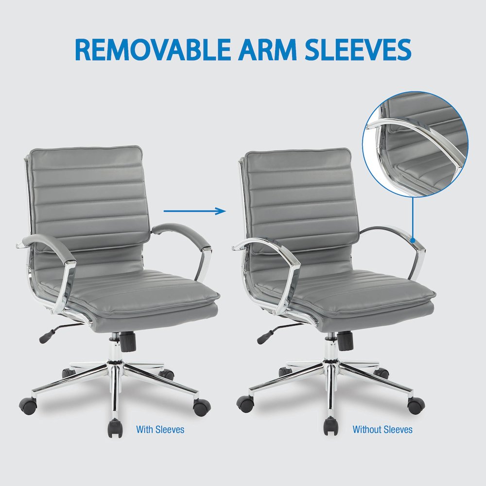 Mid-Back Manager’s Faux Leather Chair with Chrome Base, Removable Arm Sleeves.