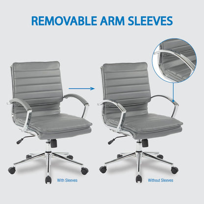 Mid-Back Manager’s Faux Leather Chair with Chrome Base, Removable Arm Sleeves.