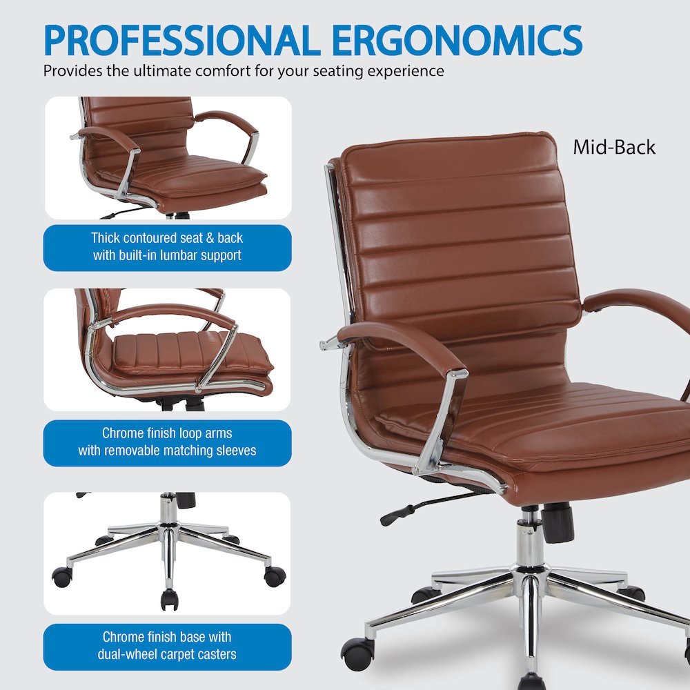Mid-Back Manager's Chair in Saddle Faux Leather, Chrome Arms & Base