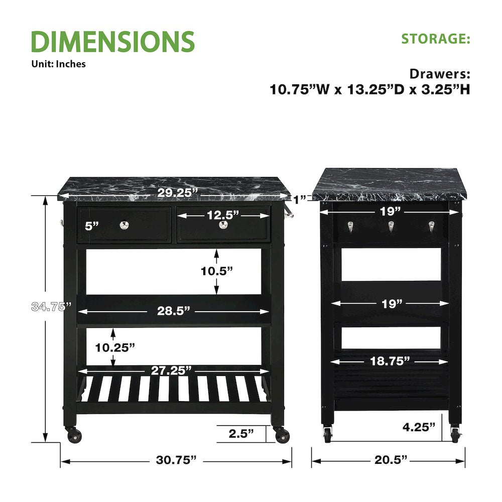Litchfield Kitchen Cart With Faux Marble Top in Black Finish