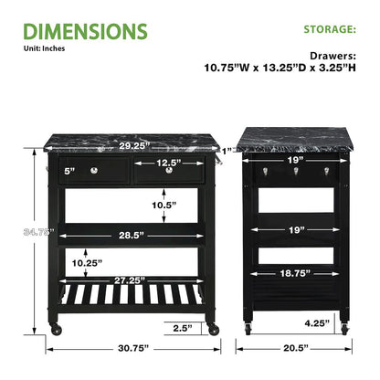 Litchfield Kitchen Cart With Faux Marble Top in Black Finish