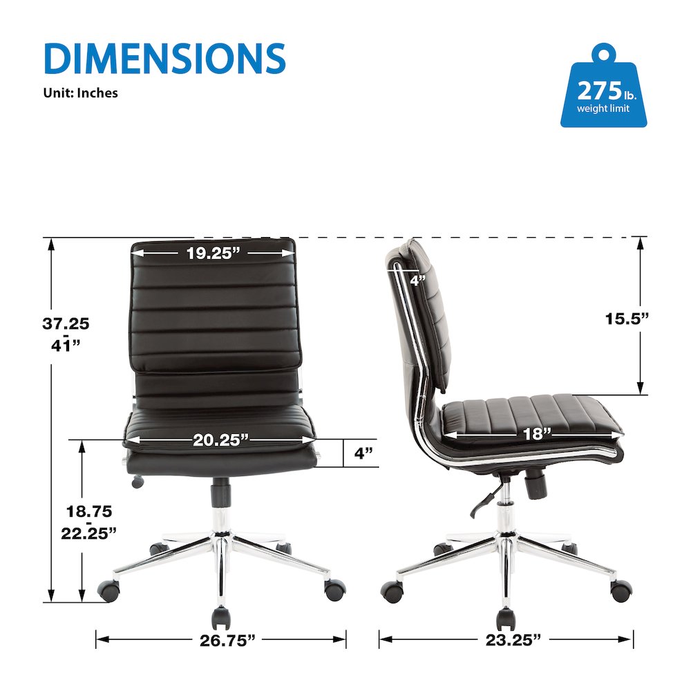 Armless Mid Back Manager's Faux Leather Chair in Black with Chrome Base.