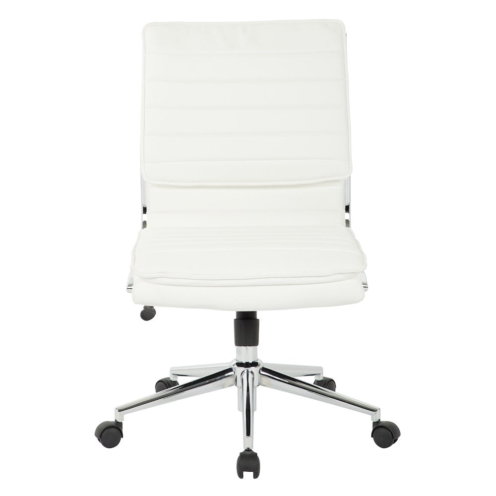 Armless Mid Back Manager's Faux Leather Chair in White with Chrome Base.