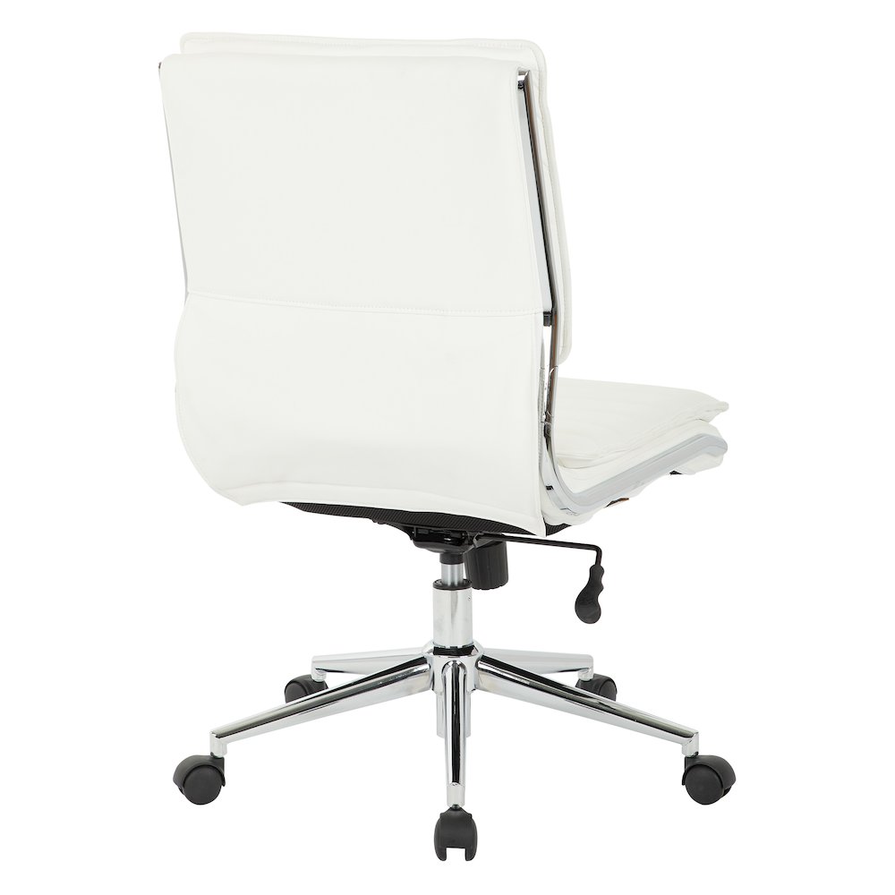 Armless Mid Back Manager's Faux Leather Chair in White with Chrome Base.