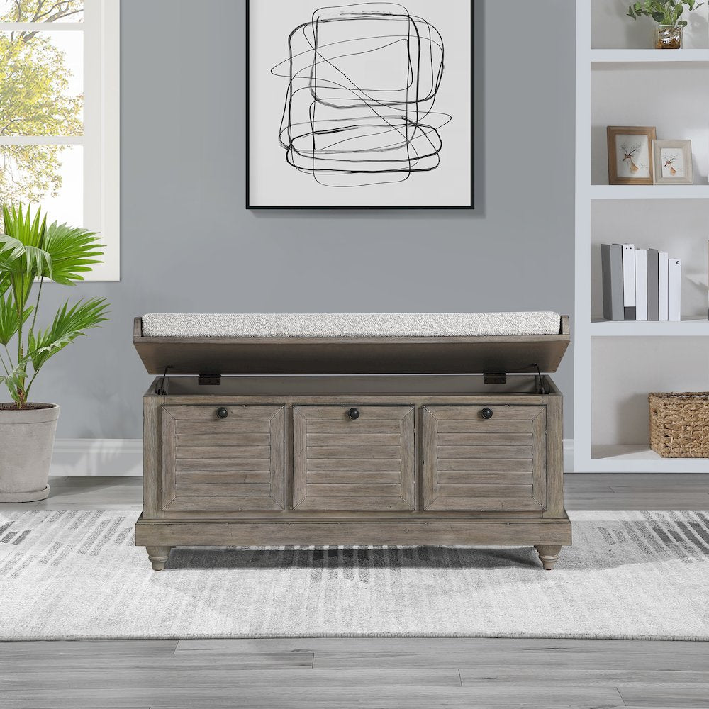 Dover Storage Bench In Goldstone Finish With Salt And Pepper Cushion Asm