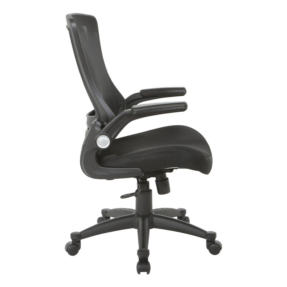 Screen Back Manager's Chair in Black Mesh Seat with PU Padded Flip Arms with Silver Accents, EM60926P-3M