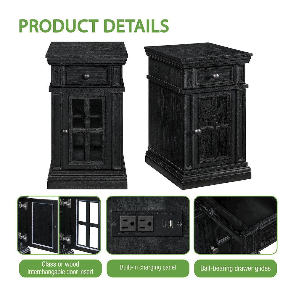 Chair Side Table with 1 Drawer and 1 Glass Door with Power Strip in Black Finish