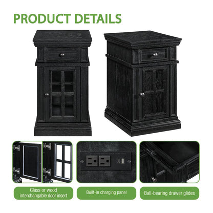 Chair Side Table with 1 Drawer and 1 Glass Door with Power Strip in Black Finish