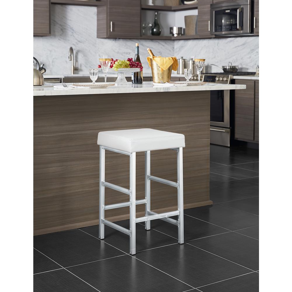 26" Backless Stool in White Fabric with Polished Chrome Legs, MET1326C-WH