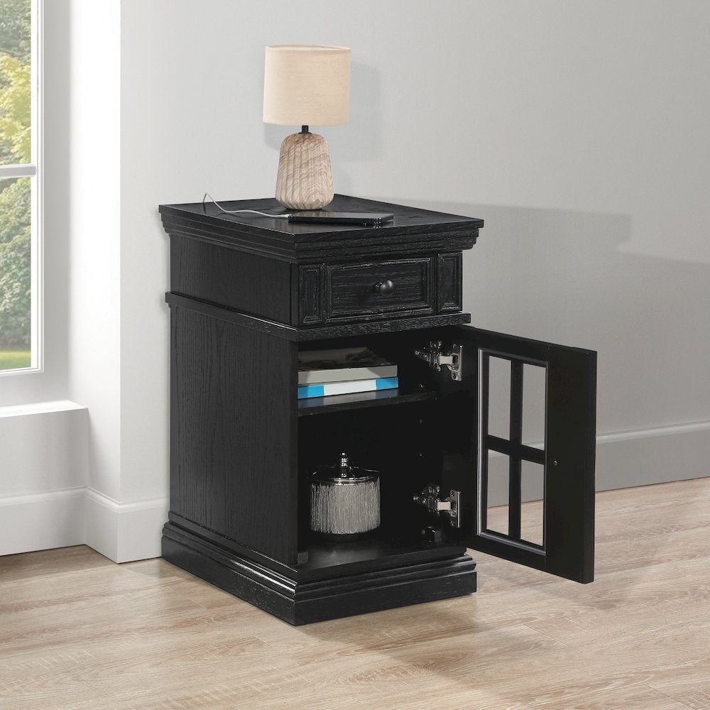 Chair Side Table with 1 Drawer and 1 Glass Door with Power Strip in Black Finish