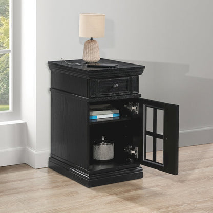 Chair Side Table with 1 Drawer and 1 Glass Door with Power Strip in Black Finish