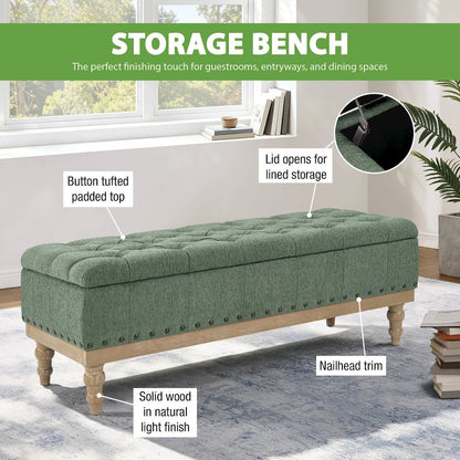 Landis Storage Bench in Green Fabric