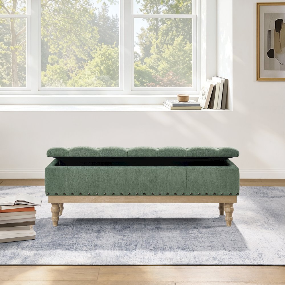 Landis Storage Bench in Green Fabric