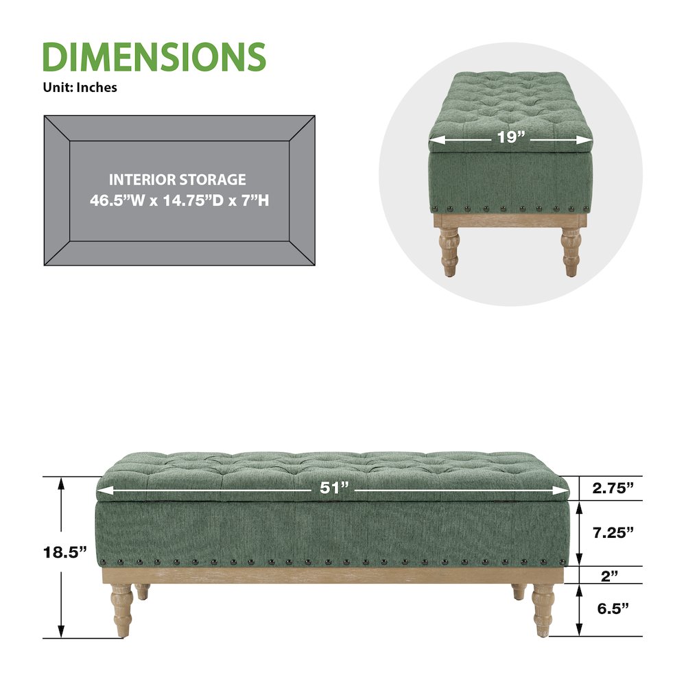 Landis Storage Bench in Green Fabric