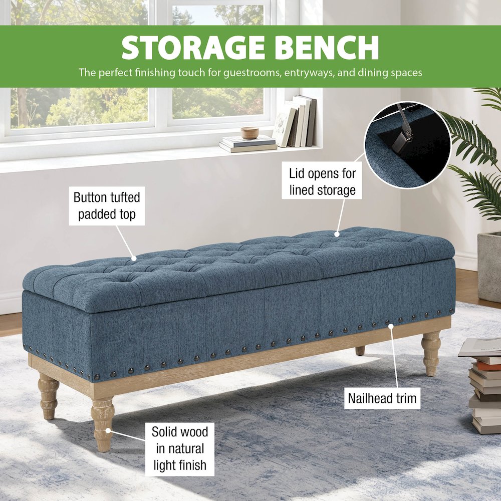 Landis Storage Bench in Blue Fabric