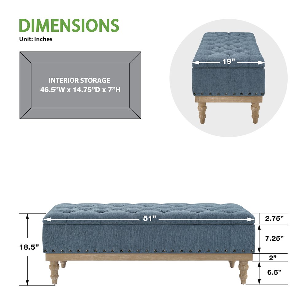 Landis Storage Bench in Blue Fabric