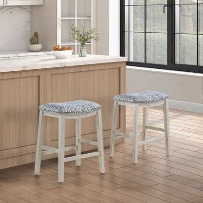 Saddle Stool 24" Counter Height in Navy Fabric with White Finish, Set of 2