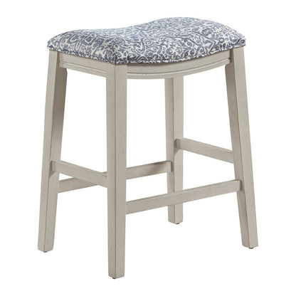 Saddle Stool 24" Counter Height in Navy Fabric with White Finish, Set of 2