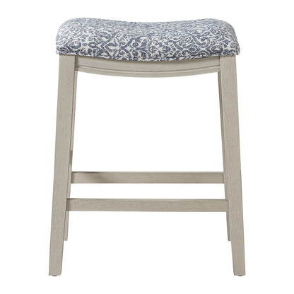Saddle Stool 24" Counter Height in Navy Fabric with White Finish, Set of 2