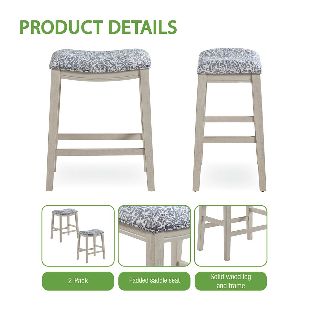 Saddle Stool 24" Counter Height in Navy Fabric with White Finish, Set of 2