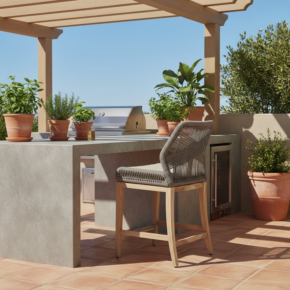 Gray Outdoor Counter Stool, Teak Legs, Aluminum Frame, Rope Weave