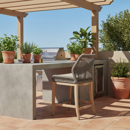 Gray Outdoor Counter Stool, Teak Legs, Aluminum Frame, Rope Weave