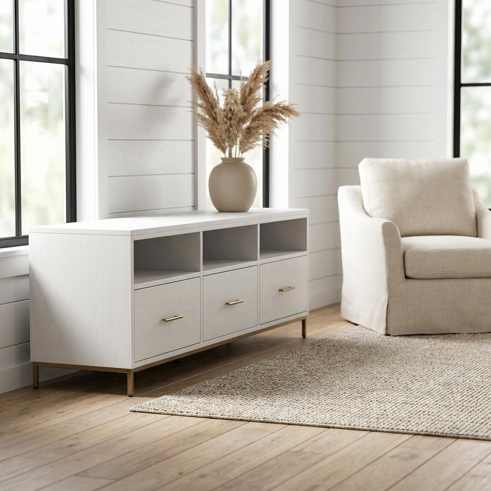White modern contemporary TV console, mahogany solids, veneer construction