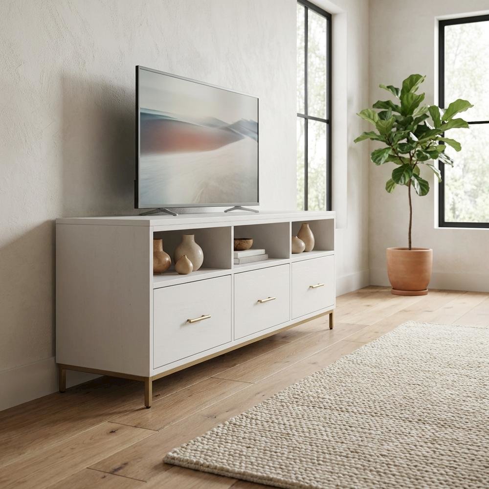 White modern contemporary TV console, mahogany solids, veneer construction