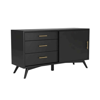 Black Small TV Console, Mid Century Modern Style, Rubberwood & Walnut Veneers