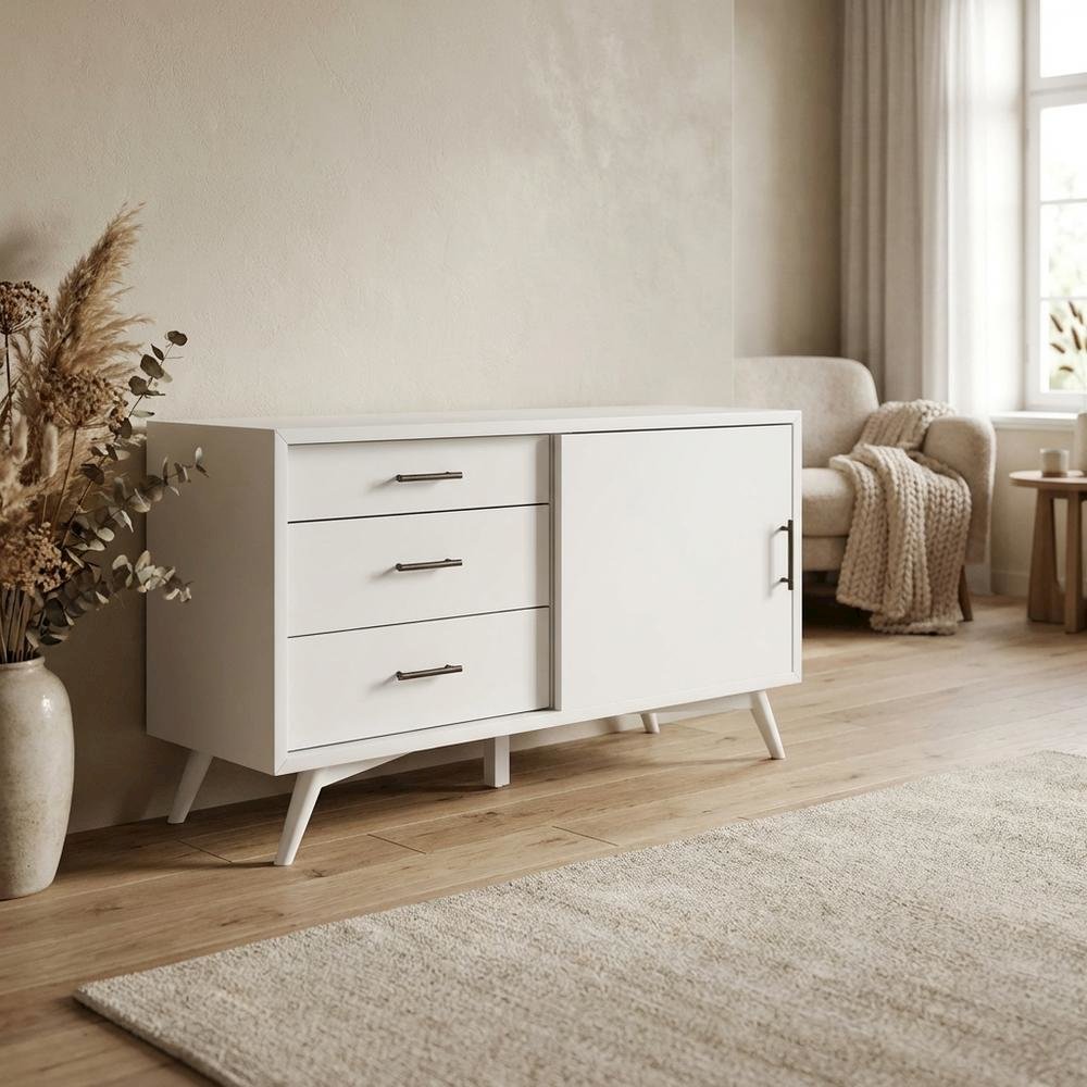 White Small TV Console with Mahogany Solids and Veneer, Modern Style