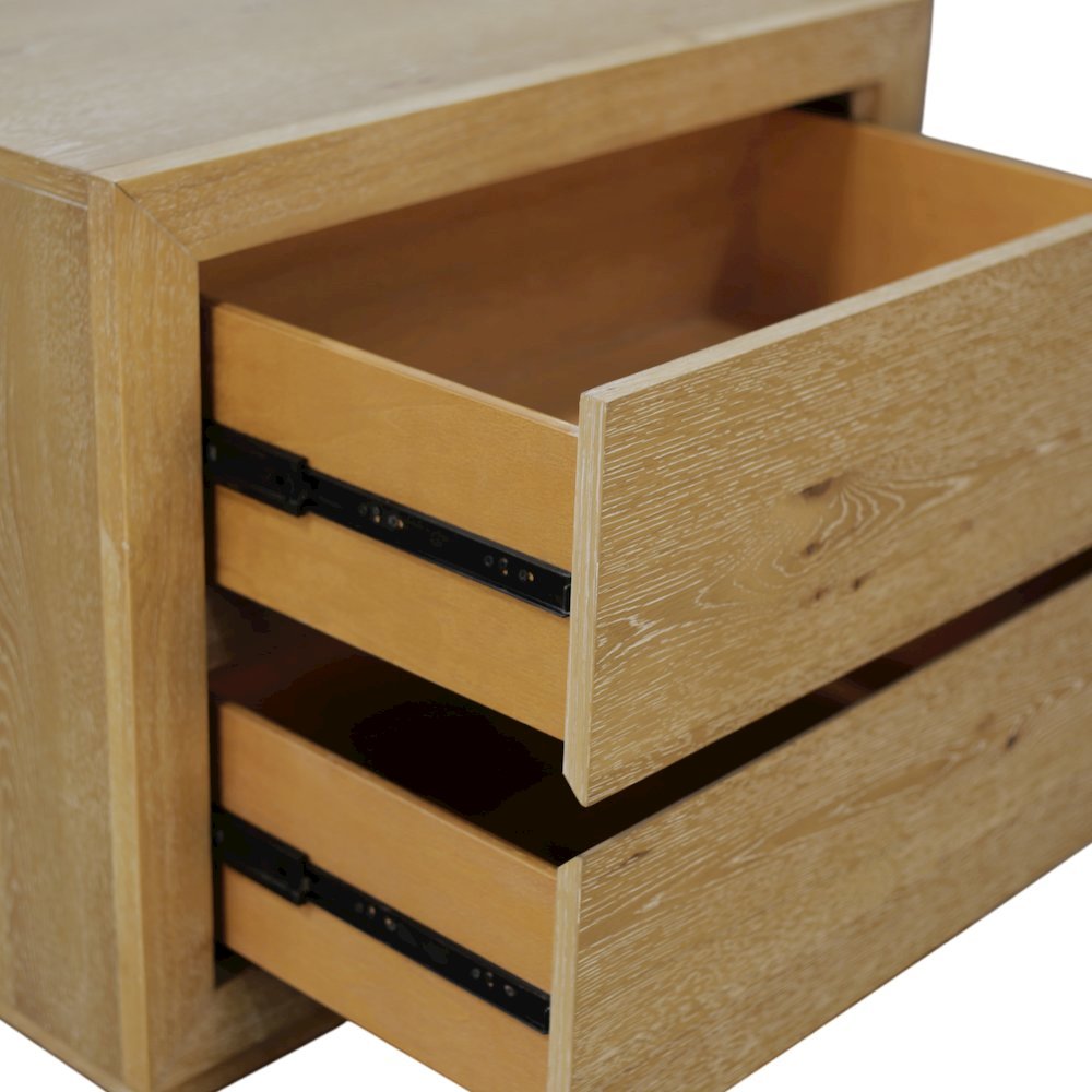 Two Drawer Nightstand in Warm Wood Tone with Solid Rubberwood and Oak Veneer